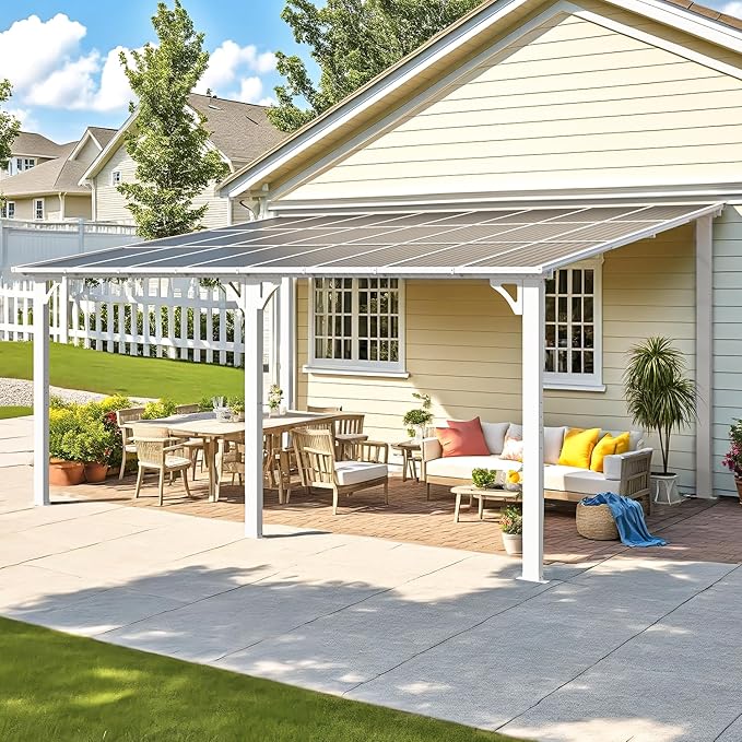 AECOJOY 16' x 12' Gazebo Outdoor Pergola for Patio, White Large Wall-Mounted Hard Top 12x16 Lean to Metal Gazebo Shelter Pergolas and Gazebos Clearance with Patio Roof, Heavy Duty Awnings for Backyard