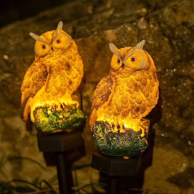 Dazzle Bright 2 Pack Owl Figure Solar LED Lights, Resin Garden Waterproof Decorations with Stake for Outdoor Yard Pathway Outside Patio Lawn Decor to Scare Birds Away, Gifts For Women, Owl Lovers
