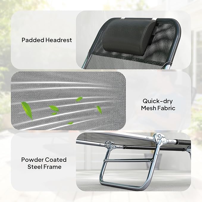 Outsunny 2 Piece Folding Chaise Lounge Chairs, Pool Sun Tanning Chairs with Reclining Back, Breathable Mesh Seat, Headrest for Beach, Yard, Patio, Black