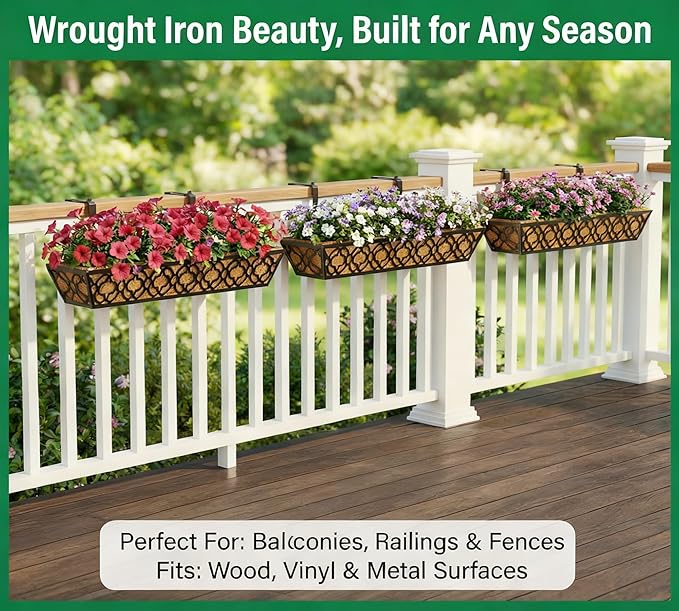 Y&M 30 inch Window Planter Box 4Pcs Iron Window Deck Railing Planter with Coco Liner, Metal Horse Troughs Fence Planter for Outdoor Balcony Rail Fence Porch Patio
