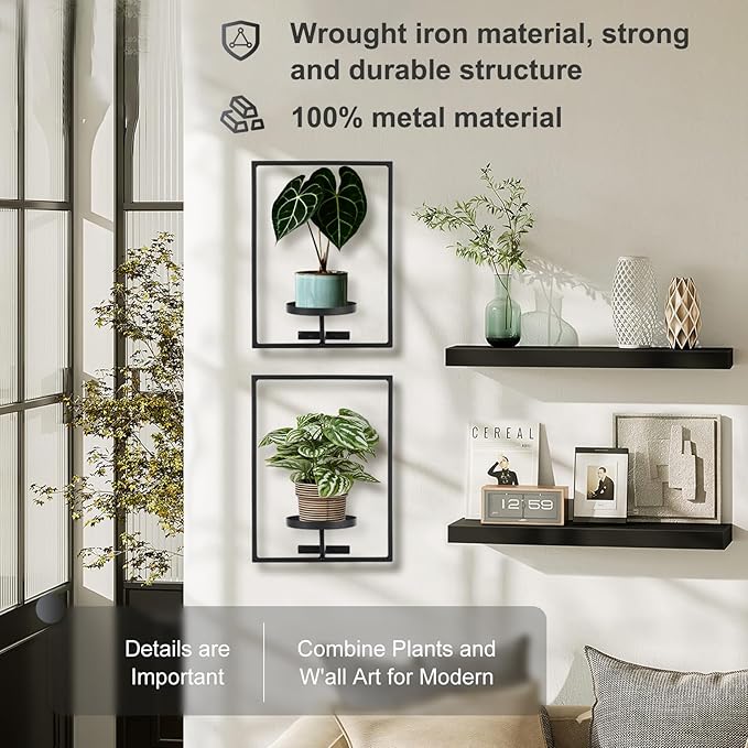 Sisher Plant Stand Indoor Outdoor,Window Plant Shelf Picture Frame Wall Plant Stand Metal Wall Plant Shelf Ease of Assembly Modern Style for Home Decor (Square 3-pack)