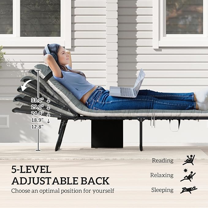 Outsunny Chaise Lounge Chair Outdoor Set of 2, 5-Position Adjustable Outdoor Pool Lounge Chairs, Folding Tanning Chair Beach Lounger with Cushion, Headrest, Side Pocket for Patio, Yard, Black/Gray