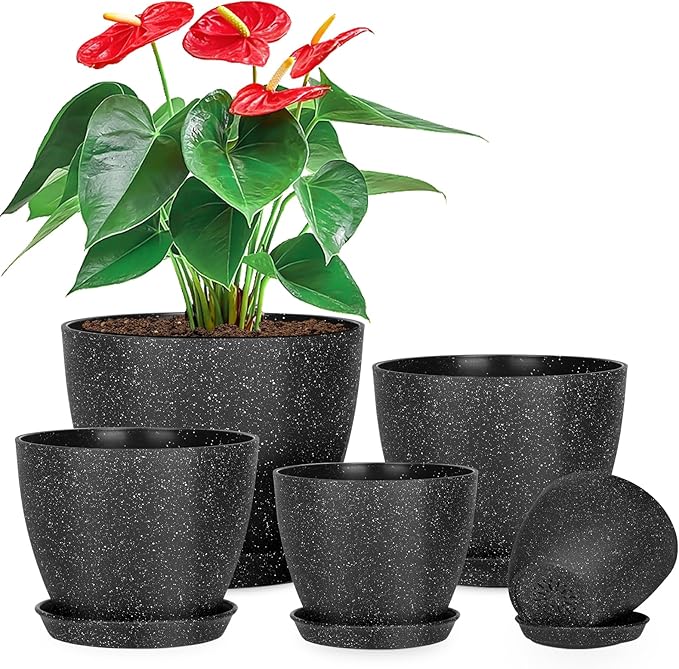 5 Pcs Plant pots, 7.5/6.5/5.7/4.9/4.1 inch Pots for Plants, Flower Pot Indoor Modern Decorative Plant Pot, Plant Pots Indoor with Drainage and Saucer for All House Plants (Drainage Set of 5 Black)