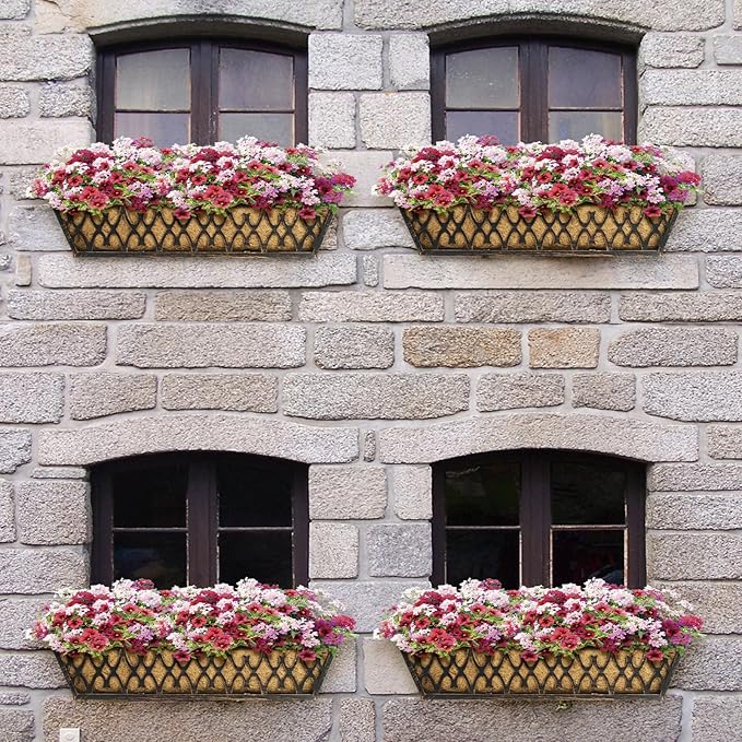 6 Pack 30 Inch Window Boxes Planters Railing Planter Box with Adjustable Brackets for Porch Fence Patio Balcony Hanging Flower Baskets with Coco Liners for Outdoor Garden Decor - Bronze