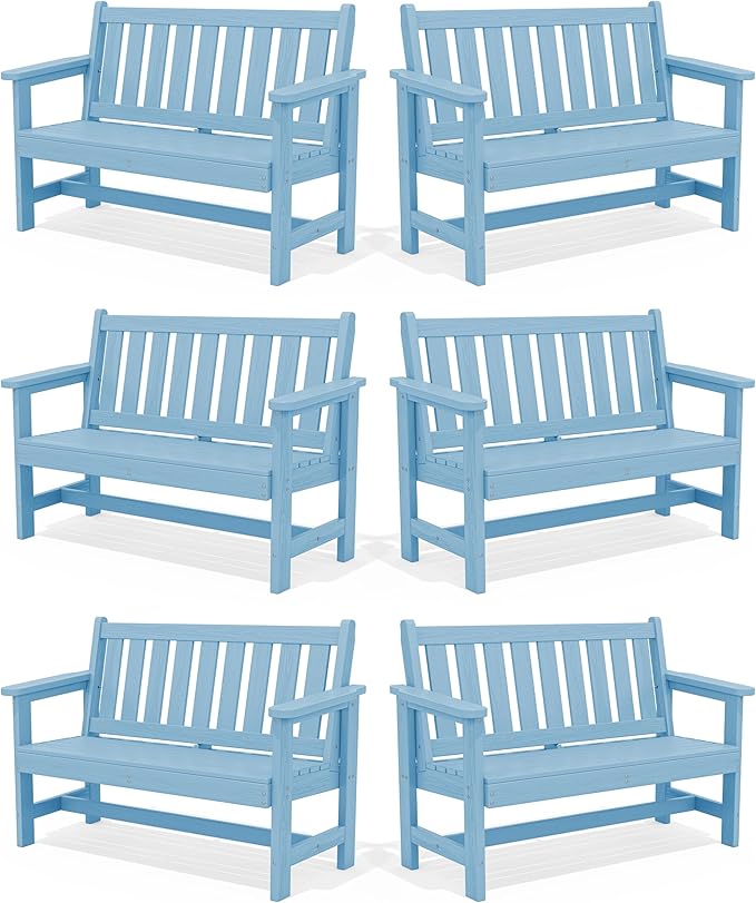 SERWALL Outdoor Bench, HDPE Outdoor Benches Weatherproof, 2-Person Garden Bench with 660 lbs Weight Capacity, Patio Benches for Outdoors, Garden, Porch, Backyard and Park, Light Blue, 6 Pack