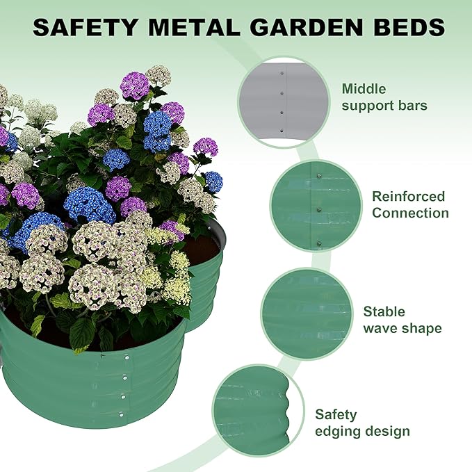 GarveeLife 2-Pack Galvanized Raised Garden Bed – Rust-Resistant Petal-Shaped Outdoor Planter Box with Open Base for Herbs, Veggies & Flowers, Ground-Connected Design for Deep Root Growth,Green