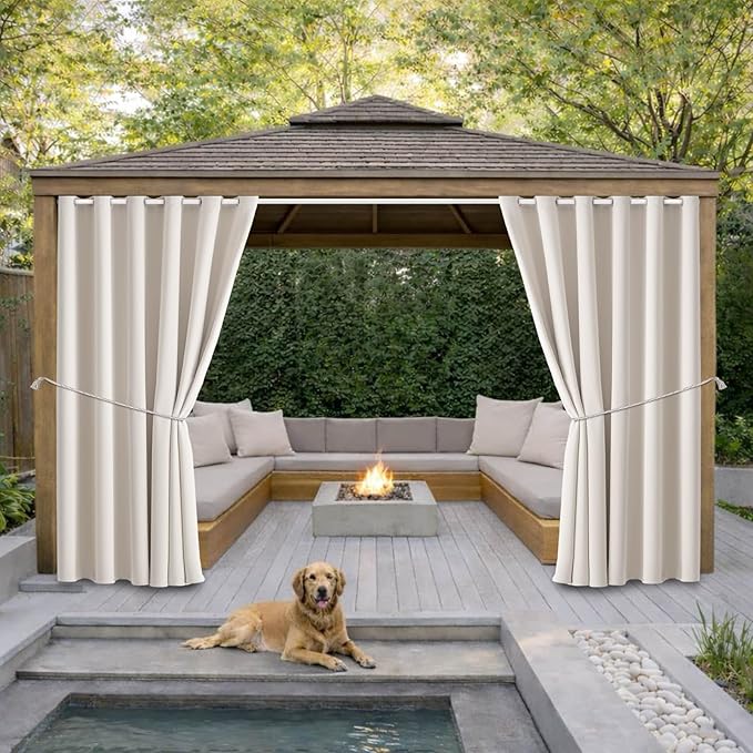 DIVA EN CAMINO DEC Outdoor Patio Curtain Waterproof Darkening Thermal Insulated Indoor Curtains for Bedroom, Porch, Living Room, Pergola, Cabana, W84 x L108, Cream, Set of 2 Panels