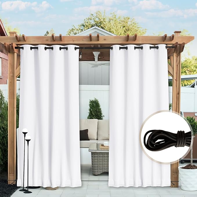 NICETOWN 2 Panels Outdoor Curtains Waterproof Fixed Grommet/Back Tab on Top & Bottom, Thermal Insulated Windproorf Sun Blocking Outdoor Drapes with Rope for Patio/Gazebo, W52 x L84, Pure White