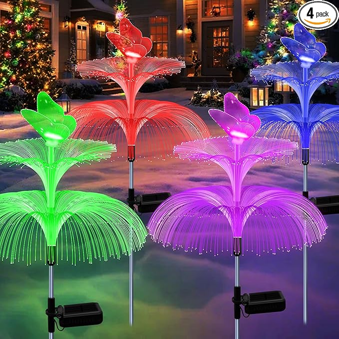 4 Pack Solar Garden Lights, Gardening Birthday Gifts for Mom Grandma Women, Waterproof 7 Color Changing Jellyfish Light with Butterfly Solar Flower Lights for Outdoor Pool Yard Garden Decor