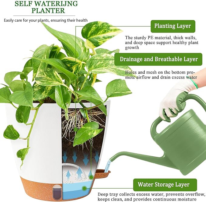 2 Pack 8 Inch Pots for Plants Indoor, Plastic Self Watering Planters with Drainage Holes, Water Level Indicator & Deep Reservoir, Decorative Flower Pots Indoor Outdoor Use (White