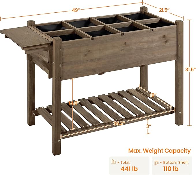 Yaheetech 49x22x32in 8 Pockets Horticulture Raised Garden Bed Elevated Wood Planter Box Stand with Foldable Side Table and Storage Shelf for Herb/Vegetables/Flowers