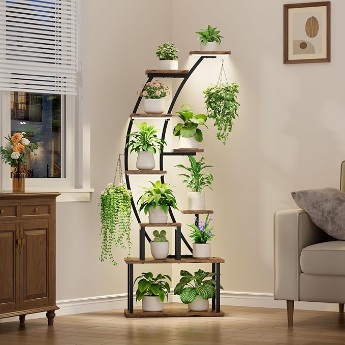 Plant Stand Indoor with Grow Lights, 63" Tall Indoor Plant Shelf, 9 Tiered Corner Plant Holder, Large Flower Display Shelf for Living Room, Bedroom, Office, Home Decor