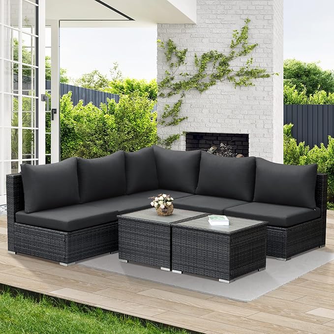 NICESOUL 7 Piece Modern Outdoor Conversation Sets, 29.3'' High Back Comfy Wicker Patio Modular Sectional with Side Tables, Extra Large and Deep Size L-Shaped Couch Furniture for Backyard Porch, Grey