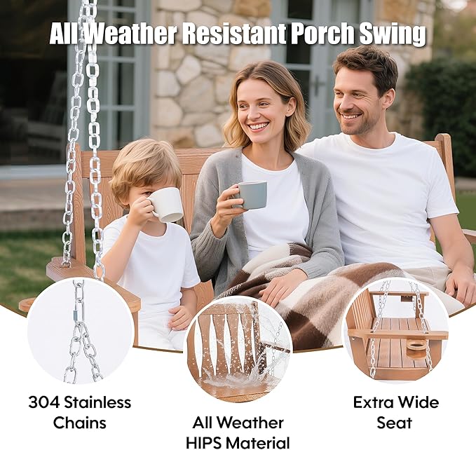 HIPS All-Weather Outdoor Hanging Porch Swing,2 Seat Hanging Swing Bench with Cup Holders,Patio Swing Chair with Hanging Chains for Courtyard & Garden