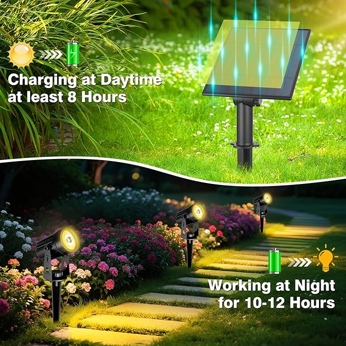 T-SUNUS Christmas Solar Landscape Spotlights Warm White, 2W Garden Spot Lights Outdoor 9.8ft Cable IP65 Waterproof Security Downlight 2-IN-1 for Flag Tree Pond Garage Deck Yard Wall Backyard Halloween