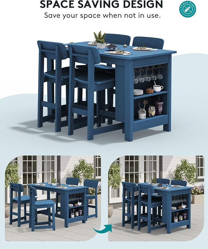 SERWALL Outdoor Bar Table and Chairs Set, 5-Piece HDPE Counter Height Patio Dining Sets with Storage and Wine Rack, Rectangular High Top Bar Table with 4 Bar Stools for Garden, Backyard, Blue