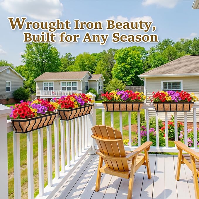 Railing Planter Boxes with Artificial Flowers, Adjustable Balcony Planters for Railing Hanging, UV Sun Resistant Colorful Daisy for Porch Patio Balcony Home (1 Pack, 24 Inch)