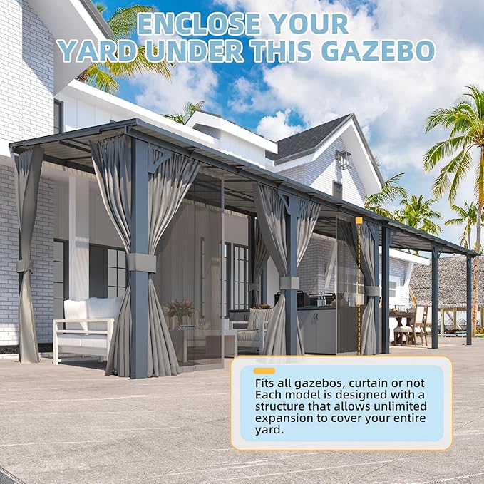 AECOJOY 16' x 12' Gazebo Outdoor Pergola with Curtains and Netting for Patio, Large Wall-Mounted Hardtop Lean to Metal Gazebo Shelter, Pergolas and Gazebos Clearance with Patio Roof Awnings for Decks