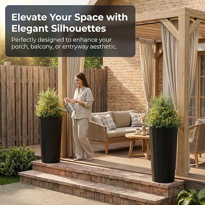 23.6" H Tall Planters for Outdoor Plants, 2 Pack Large Outdoor Planters for Porch Decor with Automatic Drainage Hole, Plastic Stripe Design Flower Pots Fits Indoor Plants Patio Garden, Black