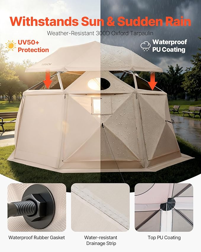 VEVOR Pop up Gazebo Screen Tent, 12 x 12 ft, 13-Sided Spherical Camping Canopy Tent with Removable Top & Carry Bag, Quick-Set & Bite-Proof, Screen House Sun Shelter for 8-10 Persons, Beige