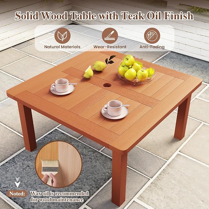 Tangkula Patio Coffee Table with Umbrella Hole, 35.5 Inches Outdoor Solid Square Wood Side Table with Slatted Tabletop & Teak Oil Finish, for Yard, Balcony, Deck