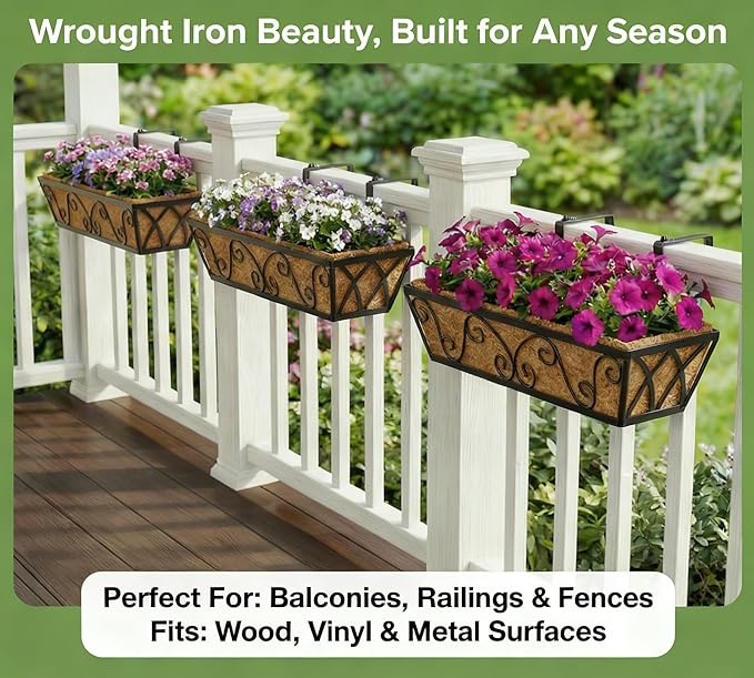 Y&M 24 Inch Window Deck with Coco Liner, Fence Metal Hanging Flower Planter Window Basket Deck Railing Planter Boxes for Outdoor Garden Lawn-Butterfly,2pcs