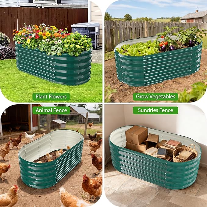 17" Tall Outdoor Garden Raised Garden Bed Kits, 4ft X 2ft Oval,0.8MM Thick Metal Raised Planter Bed/Ground Planter Box for Variety of Flowers,Herbs,Vegetables (Dark Green, 48X24X16.5 Inches)