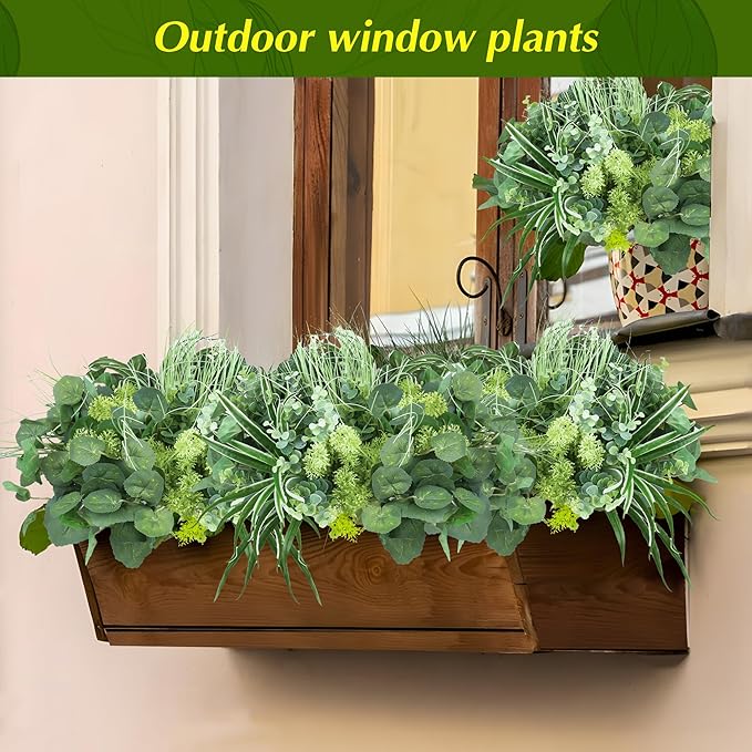 24Pcs Artificial Outdoor Plants UV Resistant Fake Plastic Greenery Boxwood Eucalyptus Spring Onion Grass for Outside Yard Front Porch Patio Window Box Planter Hanging Basket Decor (Grey Green)