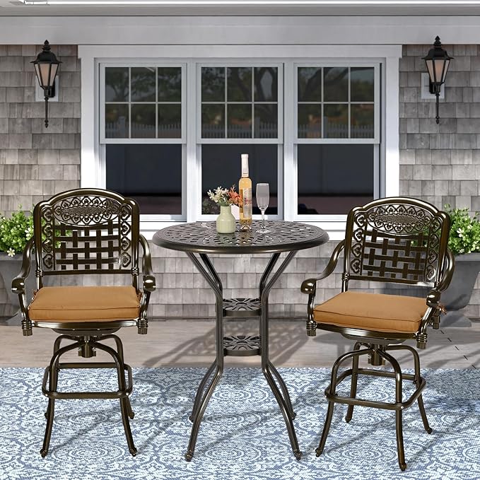 VIVIJASON 3-Piece Outdoor Swivel Bar Stools Set, All Weather Cast Aluminum Patio Bar Height Bistro Set with 2 Cushioned Bar Chairs & 31" High Bar Table w/Umbrella Hole for Backyard, Lawn, Garden
