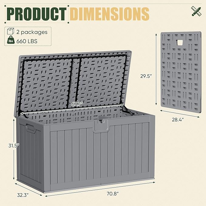JUMMICO 270 Gallon Outdoor Storage Deck Box with Divider, Double Wall Storage Box with Lockable Lid for Garden Tools, Pools Supplies (Gray)