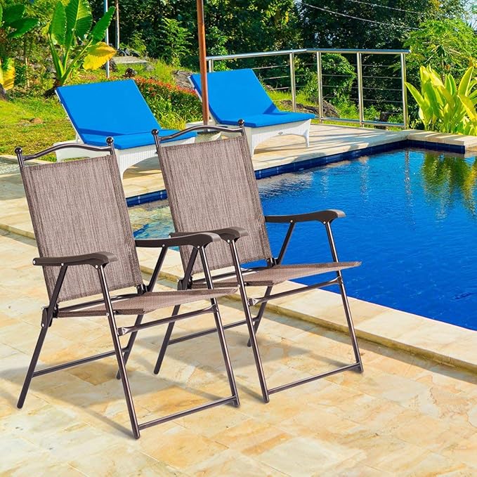 Giantex Set of 2 Patio Folding Chairs, Outdoor Patio Dining Chairs w/Armrest, Sling Back, Metal Frame, Outside Use for Lawn Camping Garden Pool Beach Yard Lounge, No Assembly, Brown