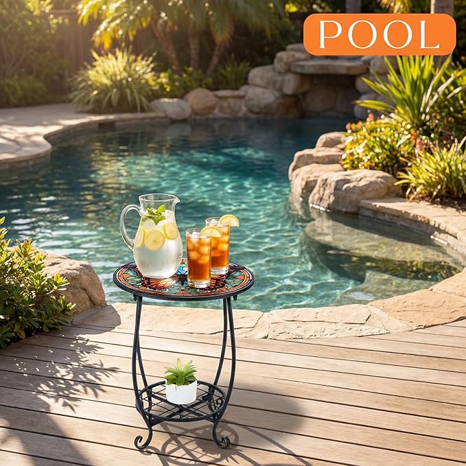 Outdoor Side Table Round Small Mosaic Patio Accent Indoor End Plant Coffee Tea Table for Yard Patio Porch Garden Living Room, Bedroom(Butterfly B Style,16 Inch)
