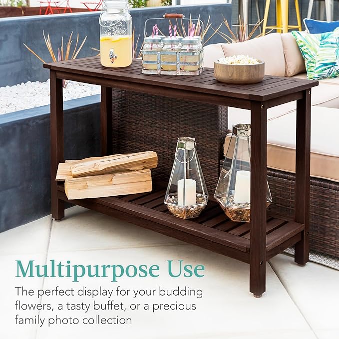 Best Choice Products 48in 2-Shelf Eucalyptus Wooden Console Table Indoor Outdoor Multifunctional Buffet Bar Storage Organizer w/Foot Sliders - Espresso