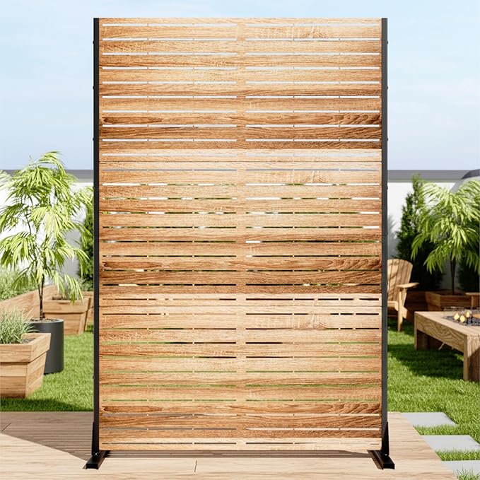 Casaphoria Metal Privacy Screen Outdoor, 72" H x 47" W Freestanding Decorative Privacy Screen for Patio Deck Balcony Garden with Stable Base,Wood Color