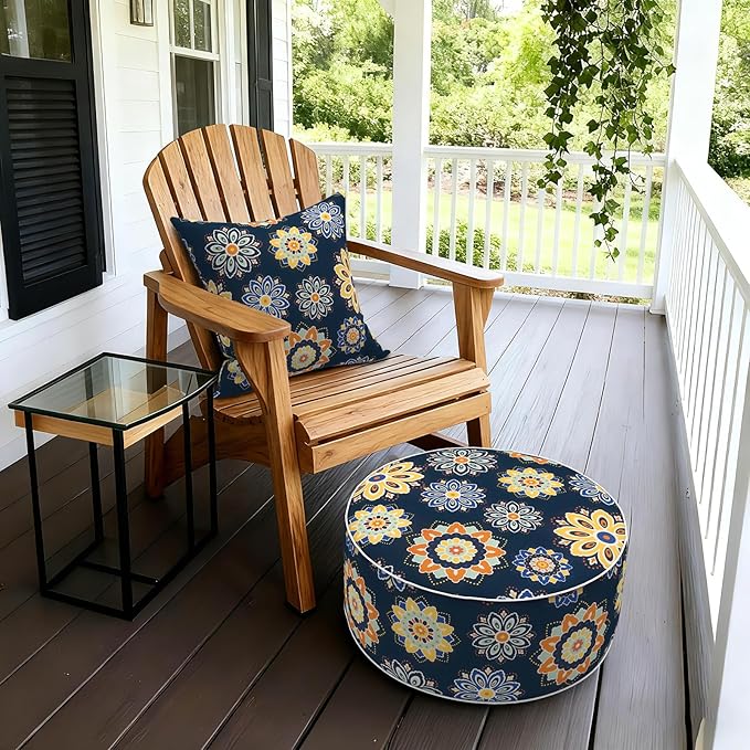 LVTXIII Inflatable Stool Ottoman Footrest with Handle, Decorative Fade-Resistant Foot Stool, Indoor or Outdoor Pouf for Home Garden and Camping Use, D21 x W 21 x H9, Bloom Medallion‌ Cobalt