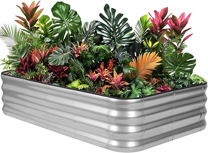1MORE Raised Garden Bed -5X3X1 Galvanized Planter Box for Outdoor Gardening,4 in 1 Modular Raised Bed Kit with Protective Tape, Gloves for Herb,Ideal for Vegetables and Plants.Sliver-1Pcak