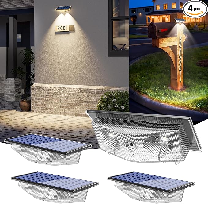 Solar Lights Outdoor for Mailbox, House Numbers, Address, Sign - 3000K/4000K/6000K 3 Modes, IP65 Waterproof Fence Lights, Solar Powered Dusk to Dawn Wall Light Outside (4 Pack)