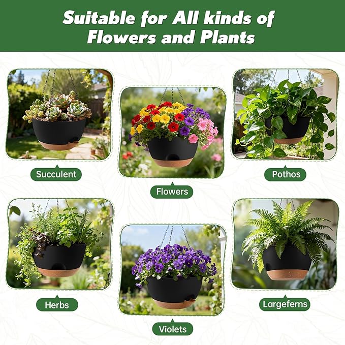 3-Piece Set of 10-Inch Hanging Planters with Automatic Watering System and Drip Tray, Includes Metal Chain, Suitable for Various Indoor and Outdoor Plants and Flowers, Black-Brown