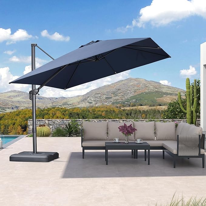 PURPLE LEAF Patio Umbrella 10' X 10' Rectangle Cantilever Umbrella Large Aluminum Outdoor Umbrellas with 360-degree Rotation & UPF40+ Premium Fabric for Deck Pool Garden Yard, Ocean Slate