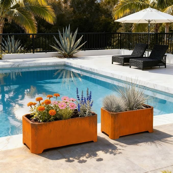Corten Steel Planter Box-32"x15"x15"-Large Rectangular Planters For Outdoor Plants, Heavy Duty Rustic Tall Planter With Raised Support Feet For Patio, Deck, Garden, Yard, Drain Holes, Easy Assembly