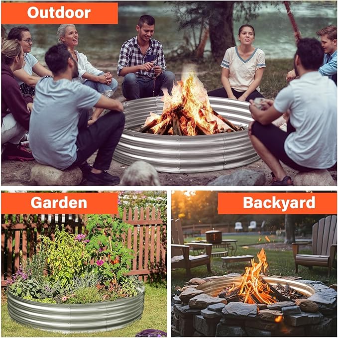 60 Inch Galvanized Steel Fire Pit Ring, 12 Inch Raised Heavy Duty Wood Burning Campfire Ring, Heat Resistant Outdoor Fireplace for Backyard, Patio & Camping