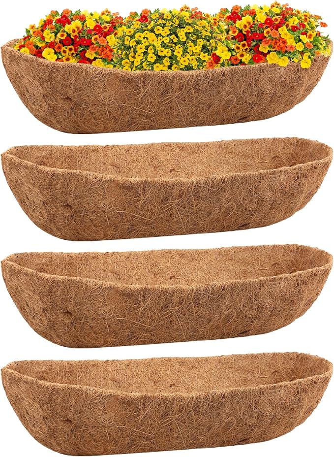 Riare 4 Pack 24 Inch Trough Coco Coir Liners for Planters, Pre-Formed Coconut Coir Replacement Liner Natural Coco Fiber Window Box Liners for Wall Planter, Window Basket Deck Railing Planter