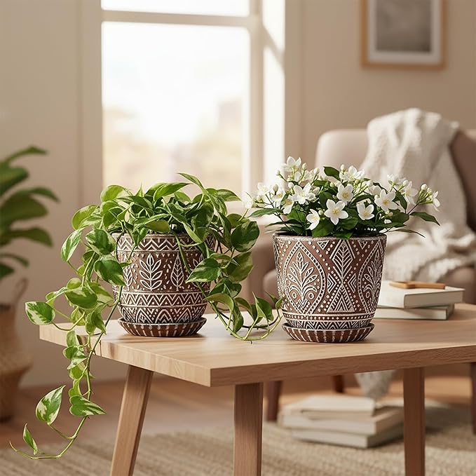 Gepege 6 Inch Ceramic Planter, Plant Pot with Drainage Holes and Saucers for Indoor Plants, Birthday for Women Mom