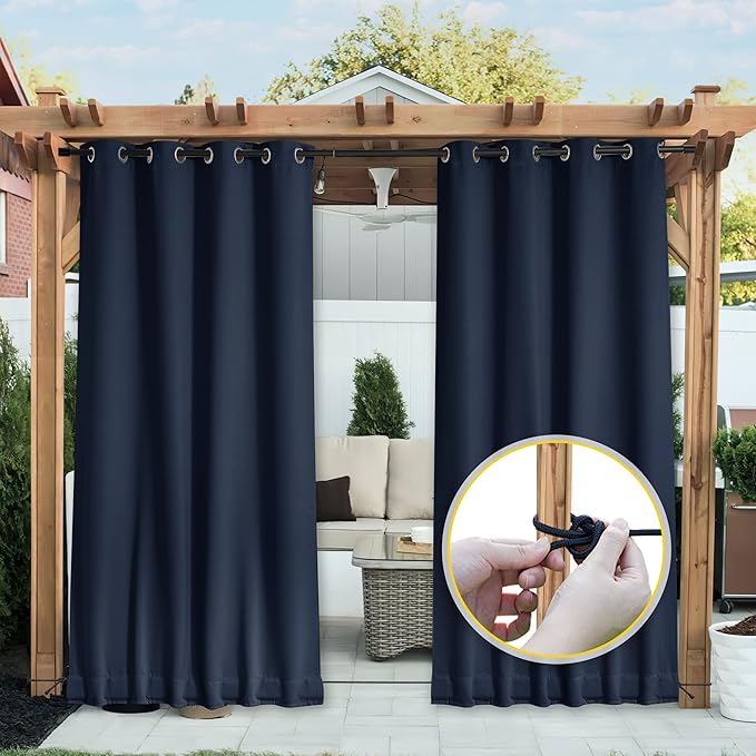 NICETOWN 2 Panels Weighted Blackout Curtains for Patio Waterproof, Top & Bottom Grommet & Back Tab Fixed Outdoor Curtains Windproof Drapes Thermal Insulated for Porch, W52 x L84, Navy Blue