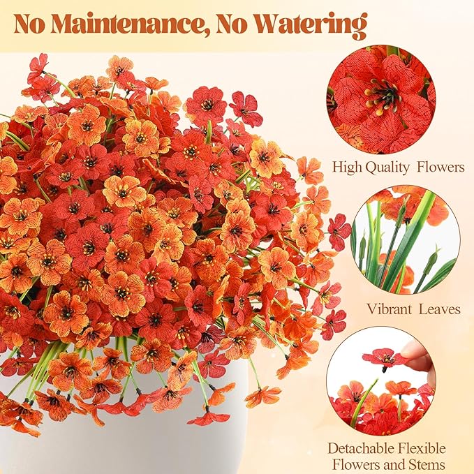 MACTING 24 Bundles Artificial Fall Flowers for Outdoors Faux Mums Outdoor Plants UV Resistant Fake Silk Flowers for Planters Patio Garden Porch Indoor Outside Autumn Thanksgiving Decor,Orange & Red