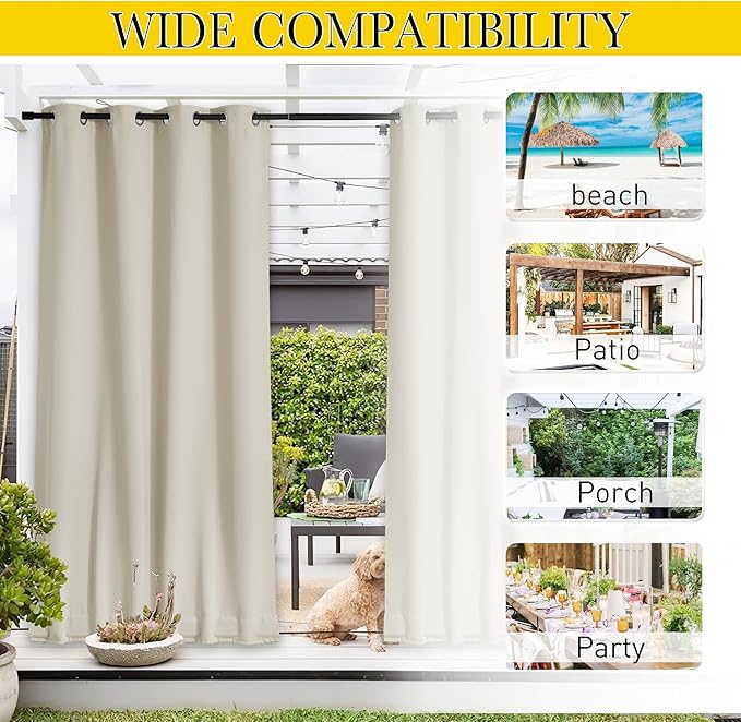 NICETOWN 2 Panels Weighted Blackout Curtains Patio Waterproof Outdoor Curtains, Thermal Insulated Top & Bottom Grommet & Back Tab Wind-Break Drapes Privacy for Pergola, W52 by L95, Light Beige