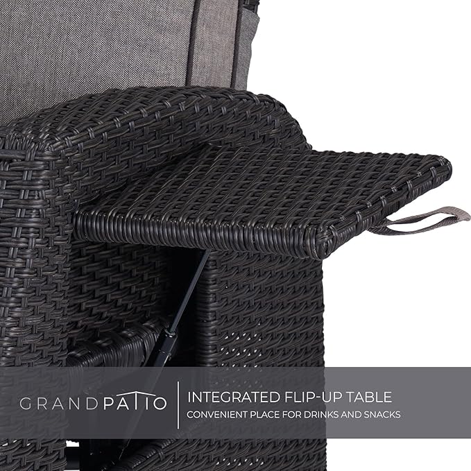 Grand patio Outdoor Reclining Chairs with Extended Footrest 2-Piece Adjustable WickerPatio Lounge Recliner up to 15 with Flip Side Table, Cool Grey