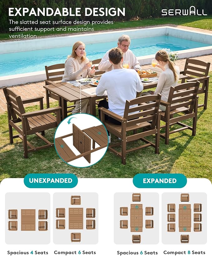 SERWALL 7-Piece Patio Dining Sets, 60" - 83" Expandable Outdoor Dining Table and 6 HDPE Chairs, All Weather HDPE Outdoor Furniture Set for Backyard, Garden, Brown