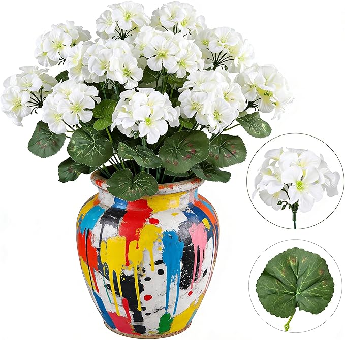 Artificial Geranium Flowers for Outdoors, 6 Bundles Realistic Silk Fake Geranium, No Fade Faux Plants for Hanging Baskets, Window Boxes, Pots - Porch, Patio, Balcony Decor(White)