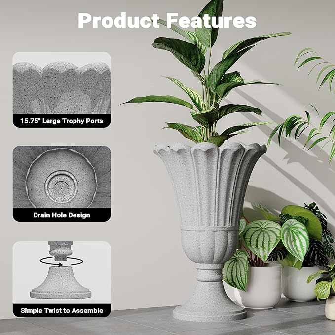 23" Tall Planters for Outdoor Plants Set of 2, Planter with Drainage Holes and Petal Design, Large Outdoor Planters for Porch, Garden, Indoor, Grey
